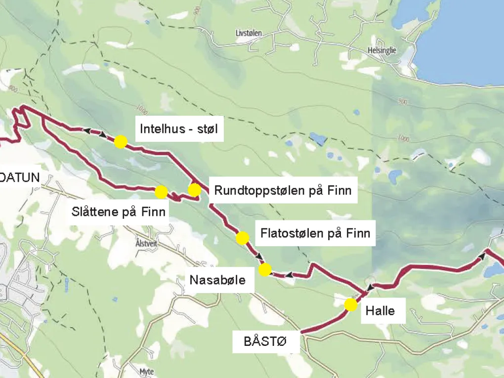Finnstigen kart med punkter og tekst
