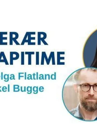 Plakaten viser to personer, Helga Flatland og Mikkel Bugge, mot en hvit bakgrunn med blå, gule og oransje fargeflekker i hjørnene. Mikkel har lyst brunt hår, skjegg og briller, mens Helga har mørkt, mellomlangt hår. Plakaten informerer om «Litterær terapitime» på Hemsedal bibliotek.