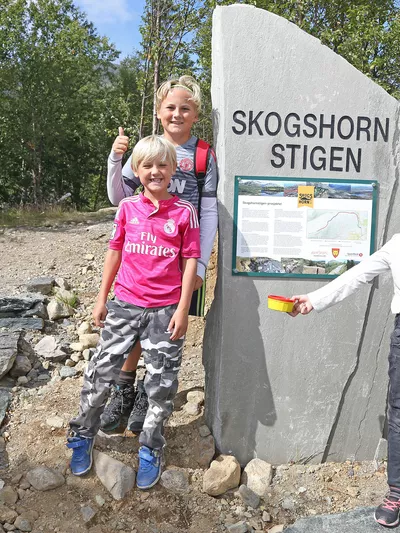 Glader barn som står ved skogshorn stigen