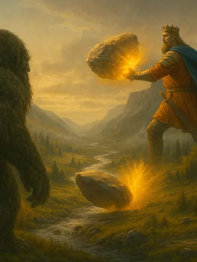 Illustrasjon av AI, der kong Olav kaster en del av Kjerringkjeften mot trollet.