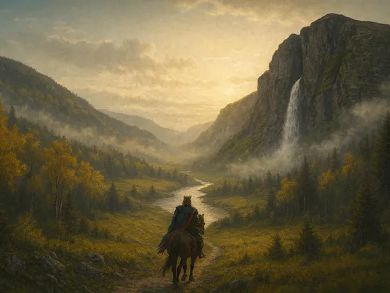 Illustrasjon av AI av Kong Olav som rider gjennom Hemsedal