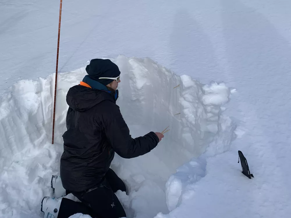 Dame som sjekker snødybden (skred faren).