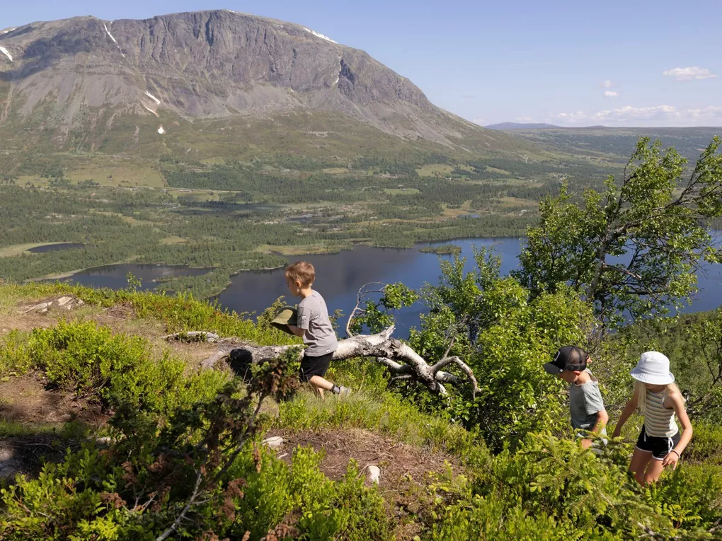 Tre barn på fjelltur i Hemsedal