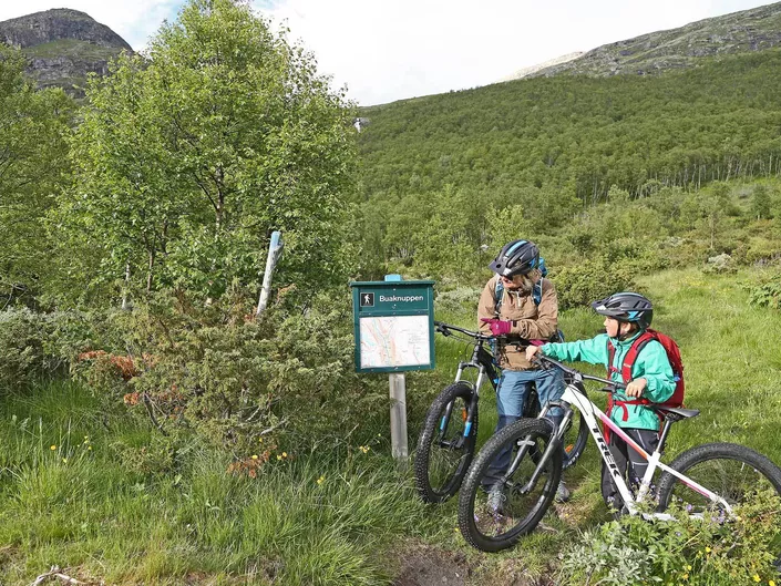 To syklister som ser på skiltet til Buaknuppen i Hemsedal