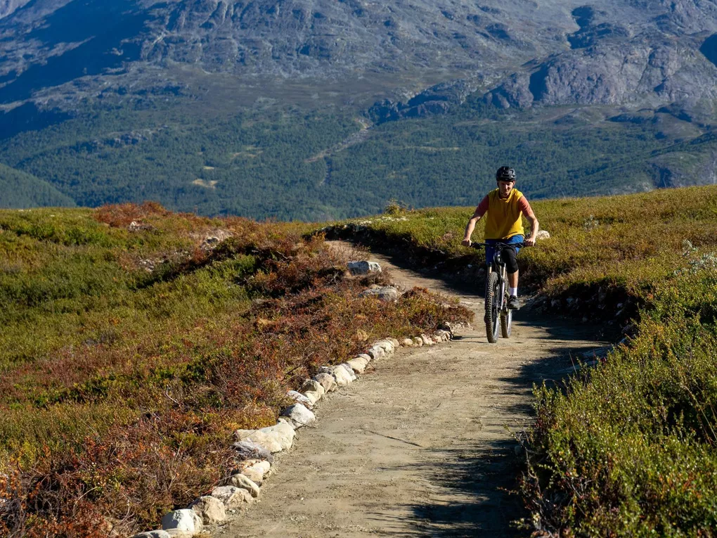 Gutt som sykler på sti i Hemsedal